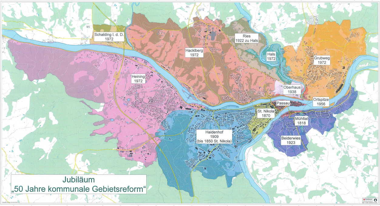1956 geriet die Stadt Passau wortwörtlich an ihre Grenzen. Richtiges Wachstum war nur über den Weg der Eingemeindung möglich. − Foto: „Abteilung Geoinformation und Vermessung der Stadt Passau