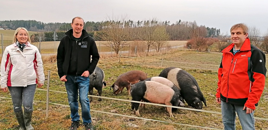 Von links: Elke Haunreiter, Thomas Jetzlsperger und Vorstand Ludwig Reil besichtigen die Schweine auf dem Ritzinger Hof, die das ganze Jahr im Freien gehalten werden.