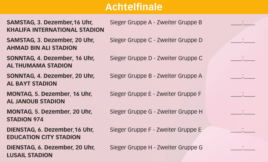 Fußball-Weltmeisterschaft 2022: Tabelle mit den Gruppenspielen und K.O.-Spielen in Katar-2