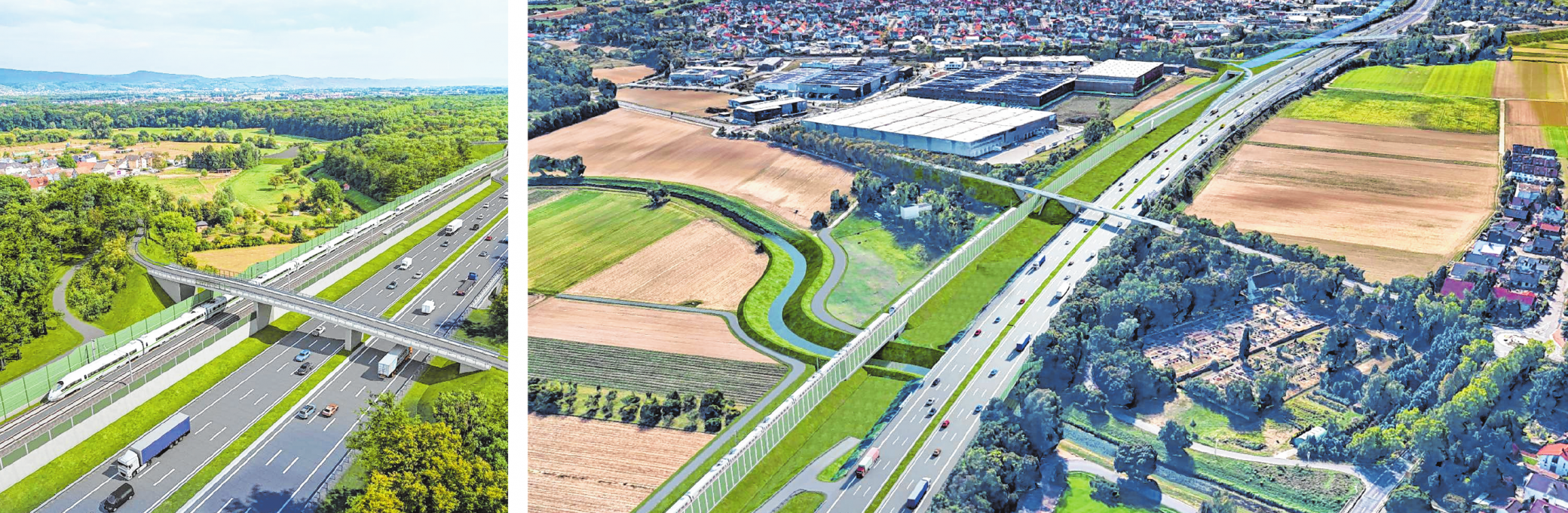 So könnte die Neubaustrecke nach den Planungen der Bahn entlang der Autobahn A67 bei Langwaden (links) und zwischen Lorsch und Einhausen (rechts) verlaufen. GRAFIKEN: JULIAN LEYES/BAHN