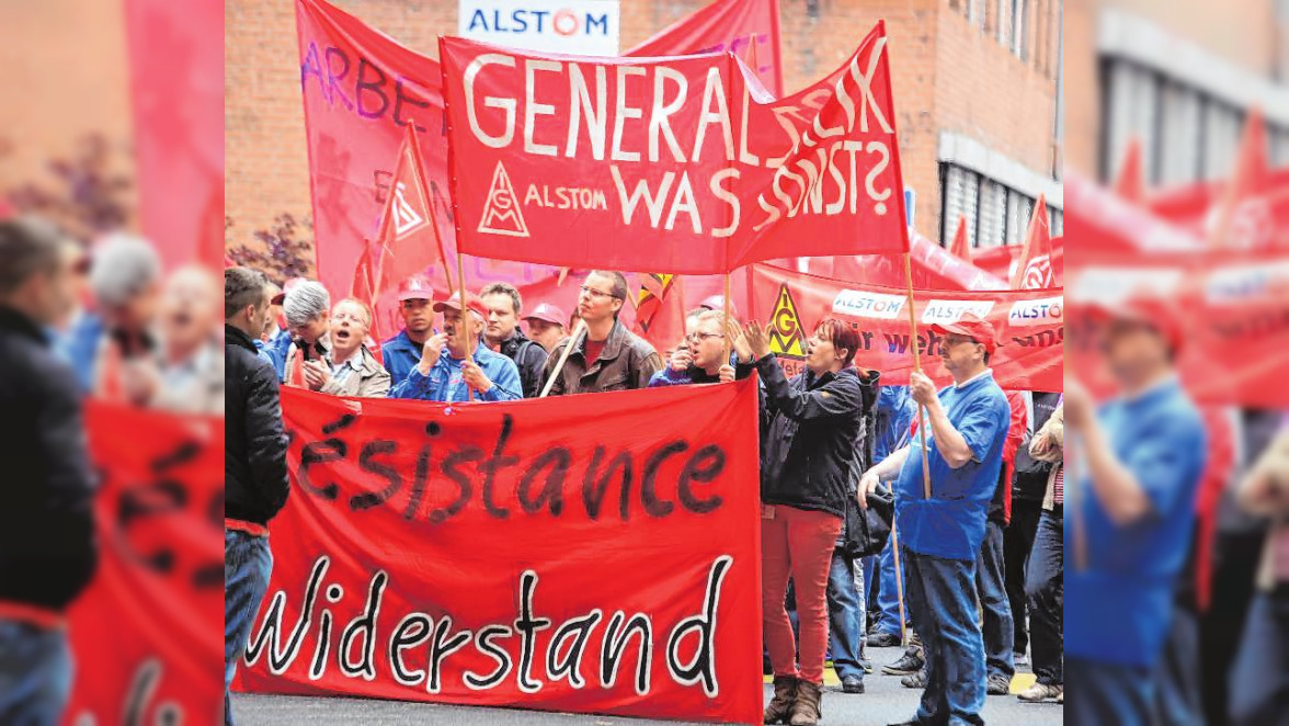 Eine der vielen Demonstrationen – hier 2014 – in Käfertal für den Erhalt der Arbeitsplätze bei Alstom (früher BBC, dann GE). BILD: MARKUS PROSSWITZ