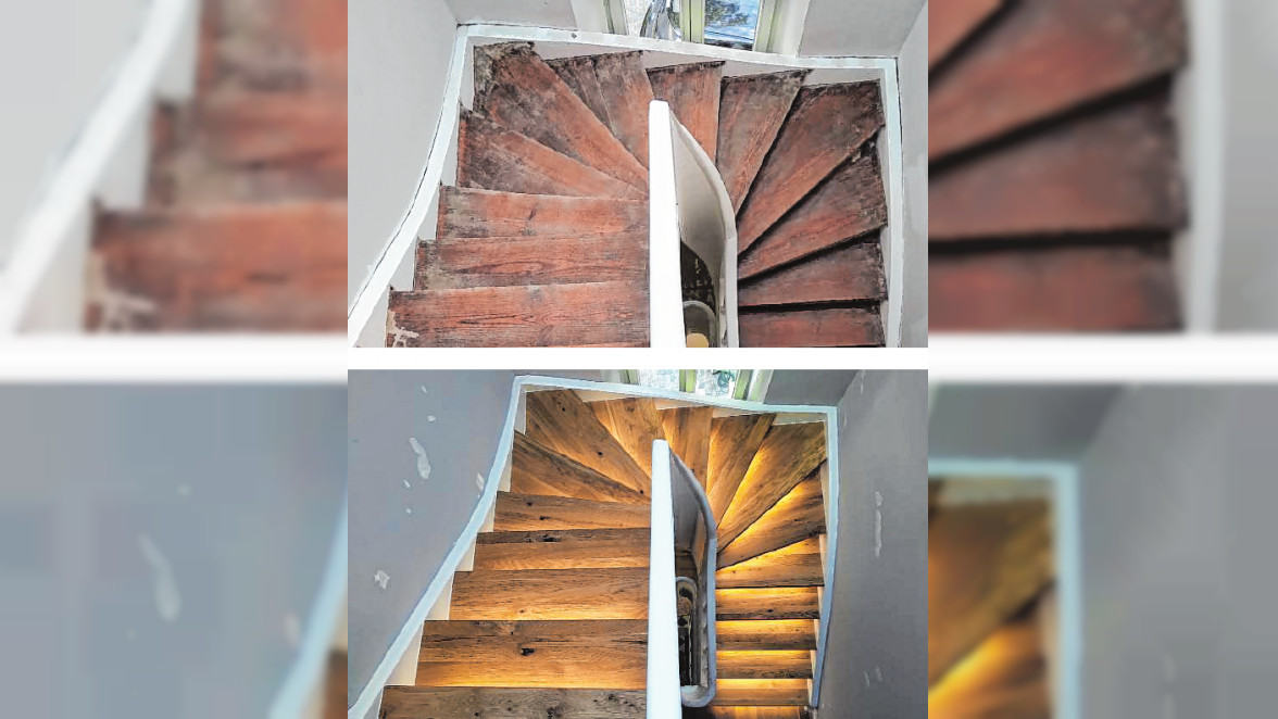 Kaum wiederzuerkennen: eine Treppe vor (o.) und nach der professionellen Renovierung. BILDER: GLOCKER