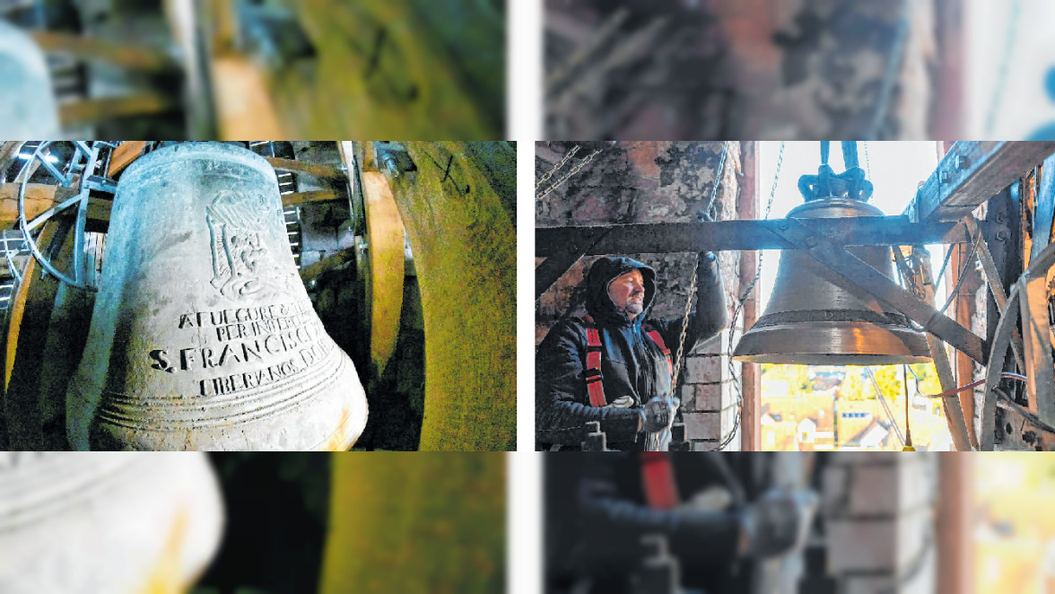Noch aus der Barockzeit ist ein Teil vom Geläut im Glockenturm der Jesuitenkirche (links), Mannheims jüngste Glocke (rechts) hängt seit diesem Jahr in der Petruskirche Wallstadt. BILDER: MICHAEL RUFFLER