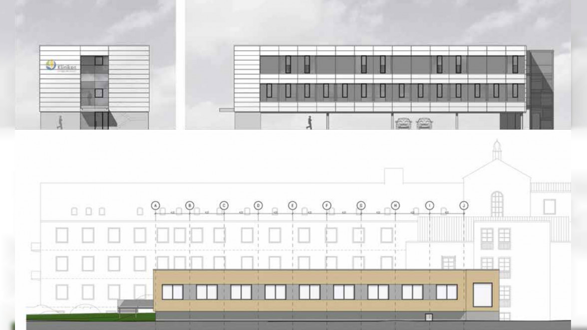 ► An der Klinik St. Josef Buchloe entstehen Ende 2022 sowohl ein neues Schulgebäude (oben) als auch ein Neubau der Intensivstation (unten) Foto: KOK