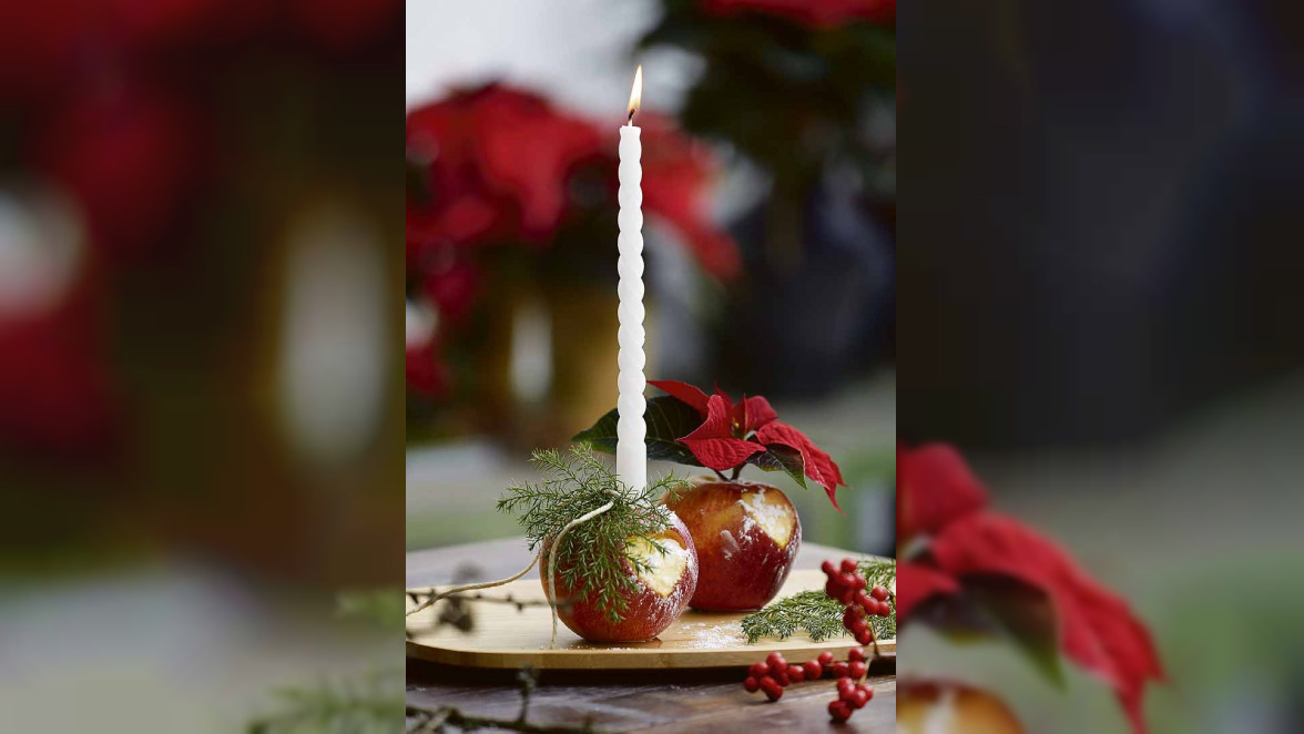 Kerzenständer mal anders Christbaumkugel und Äpfel